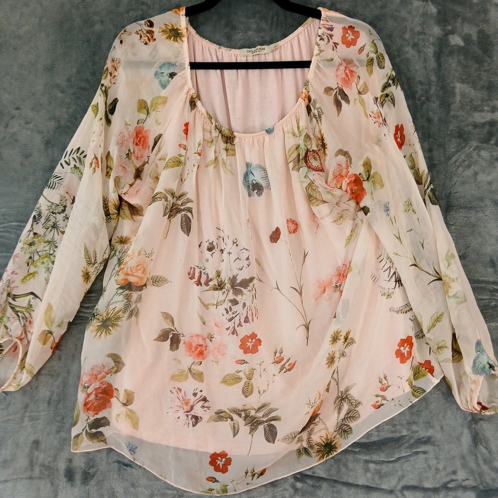 Viola Borghi Blouse Womens Large Pink Floral Silk Sheer Long Sleeve Made‎ Italy